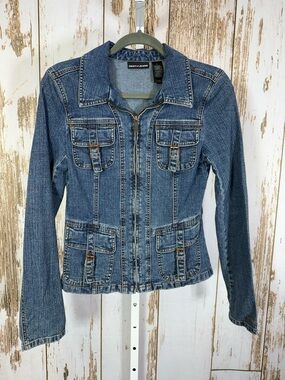 DKNY Jeans, Women's Medium Blue Denim Zip-Front Jacket. Size Medium.